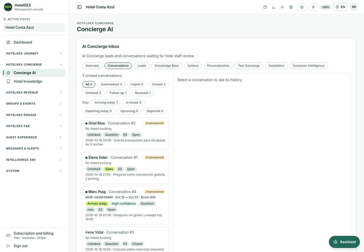 Inbox with filters · Fictional hotel · Sample data