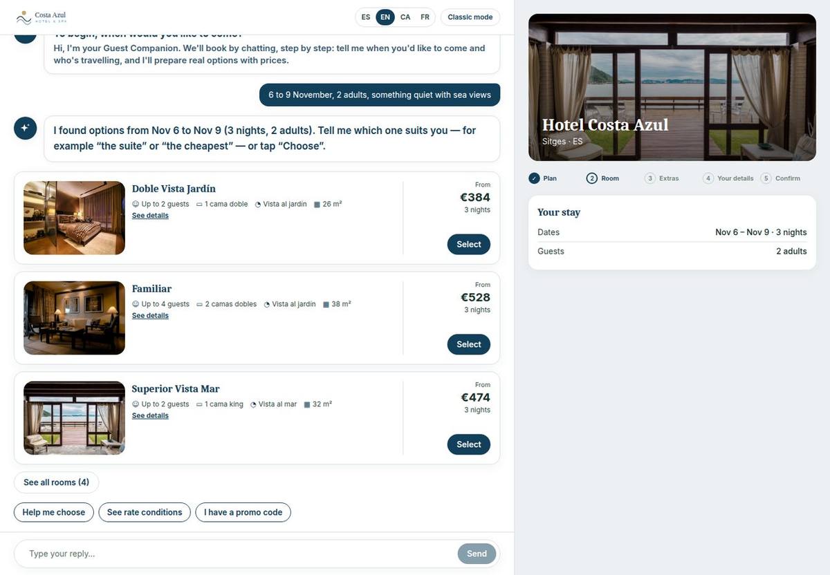 Rooms with stay prices, proposals from a single sentence · Fictional hotel · Sample data