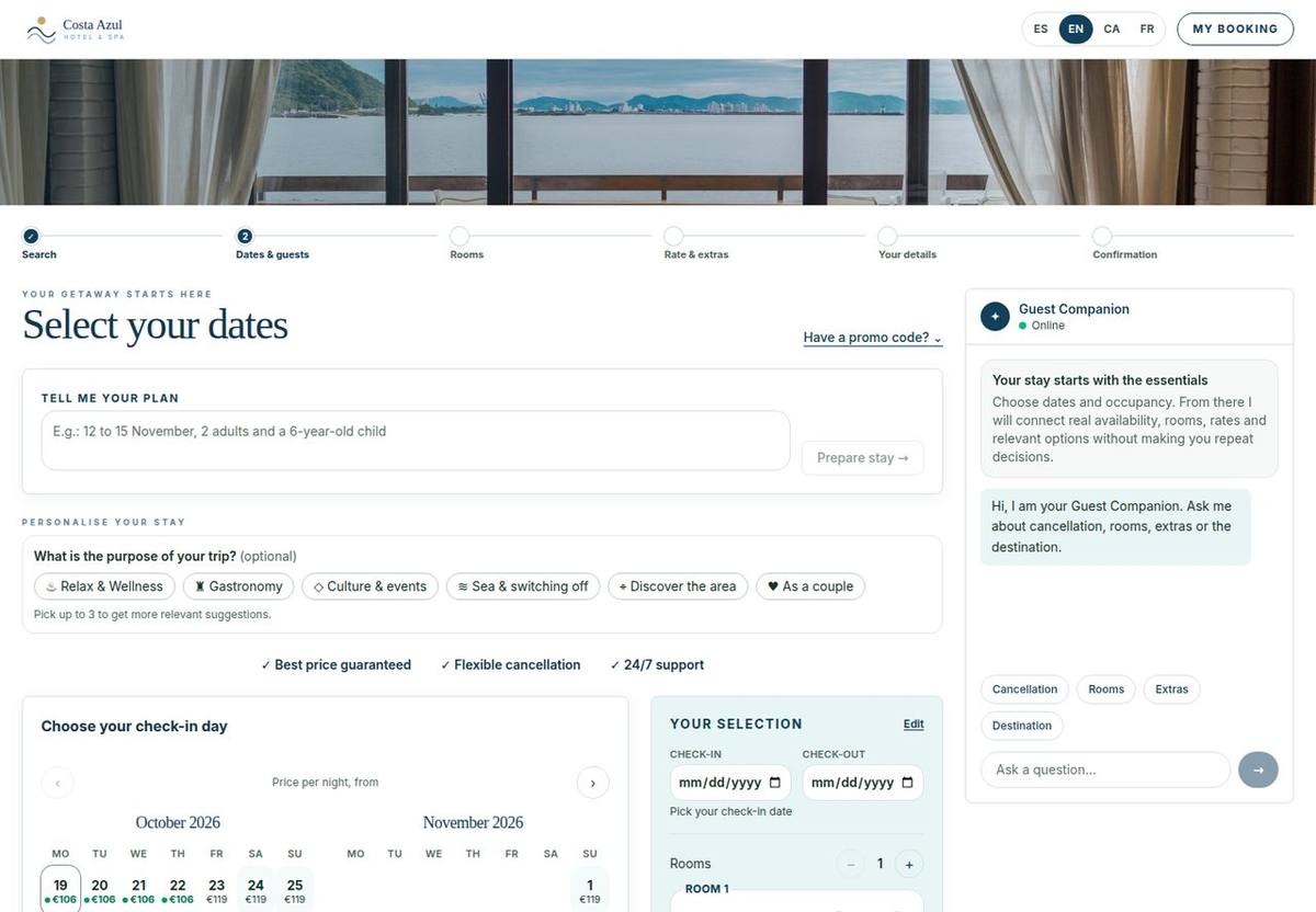 Suche und Kalender der Buchungsmaschine · Fiktives Hotel · Beispieldaten