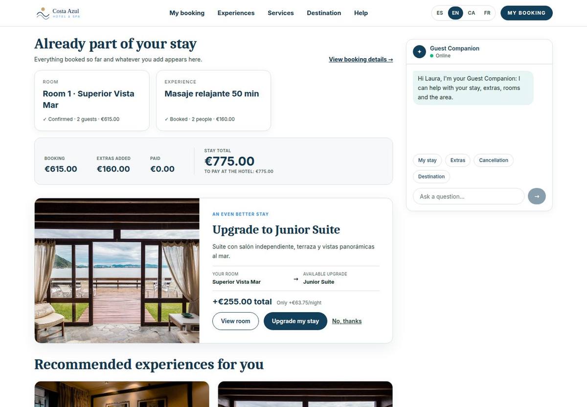 My reservation: the stay is already part of their space · Fictional hotel · sample data